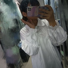Load image into Gallery viewer, Japanese Fungus Ruched Lolita Blouses Women 2022 Mori Girl Sweet Lantern Sleeve Tops Fresh Kawaii White Shirts Spring