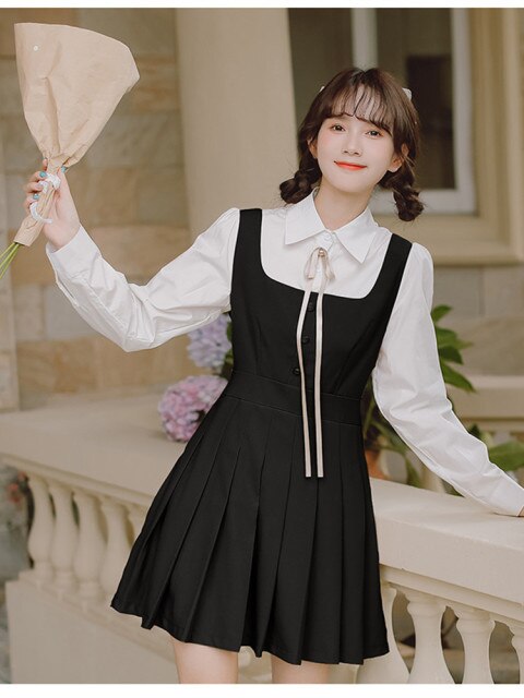 Japanese Girl JK Uniform Set Fall Women Long Sleeve Suit Collar Embroidered Coat Top+Shirt Stitching Pleated Dress Set Autumn