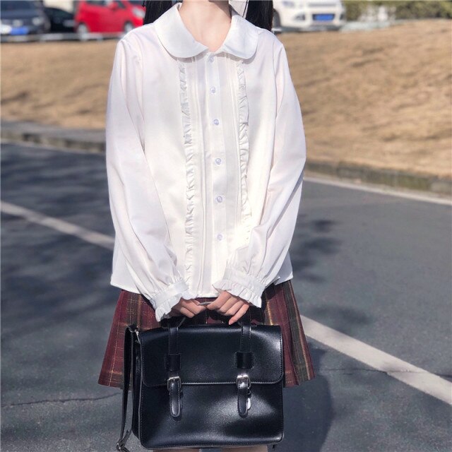 Japanese JK Blouses for Women Long Sleeve White Tops Uniform Femme Sweet Fungus Edge Cute Shirts Spring 2022 Mori Girl