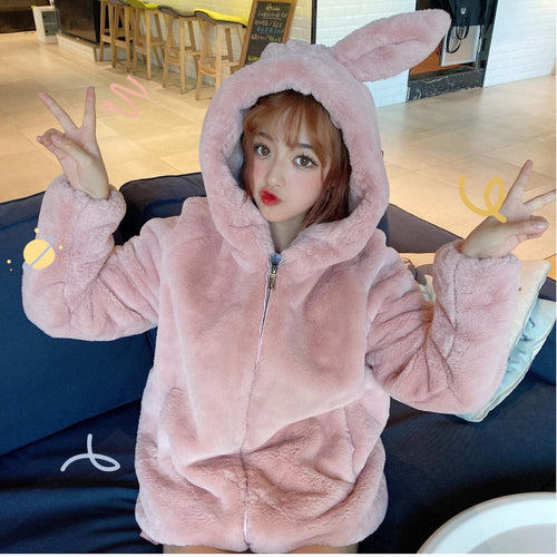 Japanese Jacket Women Harajuku Warm Hoodies Teddy Coat Faux Fur Coats Soft Girl Streetwear Korean Hooded Outwear BF Windbreaker