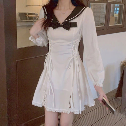Japanese Kawaii Lolita Dress Women Bow Patchwork Sweet Party Mini Dress Female Casual Korean College Style Slim Cute Dress 2021