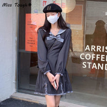 Load image into Gallery viewer, Japanese Kawaii Lolita Dress Women Bow Patchwork Sweet Party Mini Dress Female Casual Korean College Style Slim Cute Dress 2021