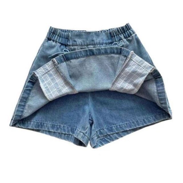 Japanese Kawaii Mini Denim Skirt Women Patchwork Korean Fashion Sweet Split Skirt Shorts Bandage Casual Plaid Skirt Summer 2021