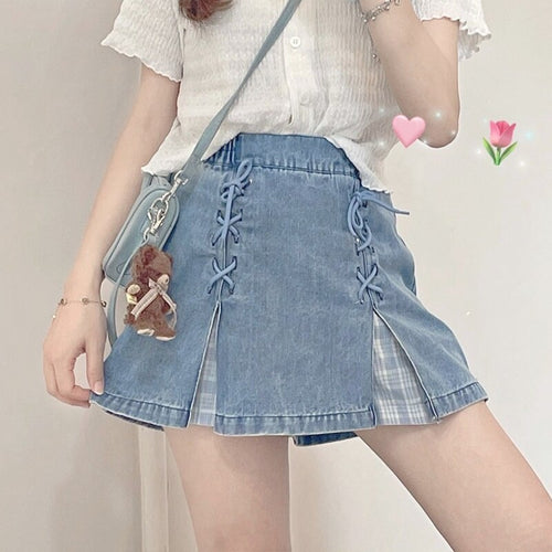 Japanese Kawaii Mini Denim Skirt Women Patchwork Korean Fashion Sweet Split Skirt Shorts Bandage Casual Plaid Skirt Summer 2021