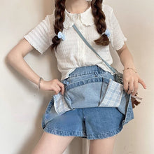 Load image into Gallery viewer, Japanese Kawaii Mini Denim Skirt Women Patchwork Korean Fashion Sweet Split Skirt Shorts Bandage Casual Plaid Skirt Summer 2021