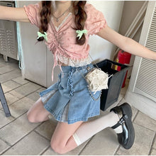 Load image into Gallery viewer, Japanese Kawaii Mini Denim Skirt Women Patchwork Korean Fashion Sweet Split Skirt Shorts Bandage Casual Plaid Skirt Summer 2021