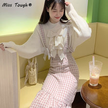 Load image into Gallery viewer, Japanese Kawaii Plaid Strap Dress Women Sweet Bow Designer Party Midi Dress Female Casual Korean Fashion Winter Cute Dress 2021