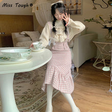 Load image into Gallery viewer, Japanese Kawaii Plaid Strap Dress Women Sweet Bow Designer Party Midi Dress Female Casual Korean Fashion Winter Cute Dress 2021