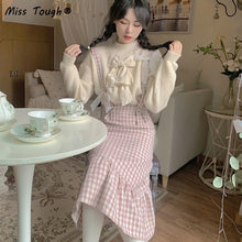 Load image into Gallery viewer, Japanese Kawaii Plaid Strap Dress Women Sweet Bow Designer Party Midi Dress Female Casual Korean Fashion Winter Cute Dress 2021