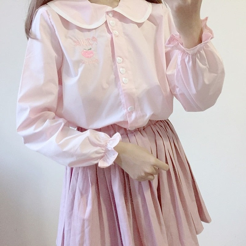 Japanese Kawaii Shirts Embroidery Women 2022 Sweet Cute Pink Blouses JK Spring Preppy Style Uniform Tops Long Sleeve
