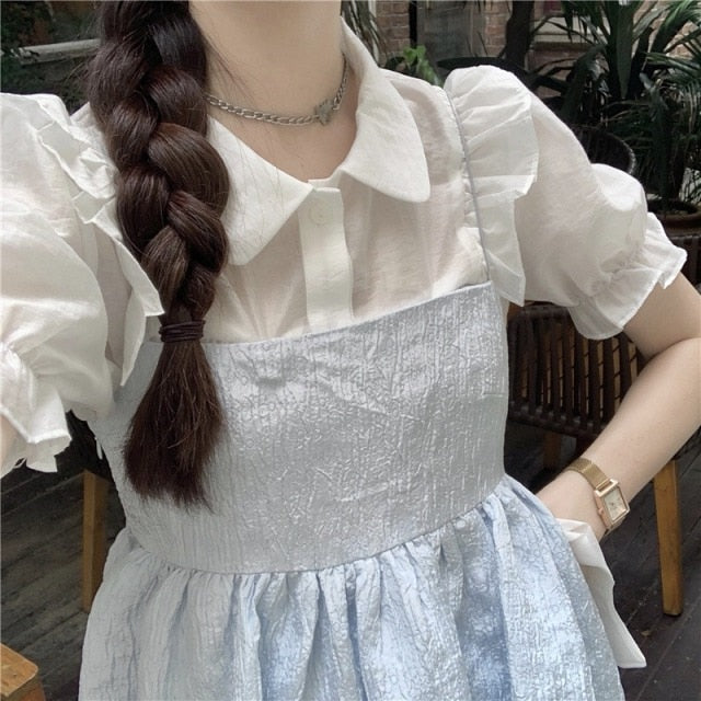 Japanese Kawaii Strap Dresses Women 2021 Blue Sweet Elegant Casual Party Mini Dress Korean Fashion Lolita Beach Clothing Summer