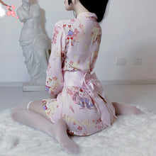 Load image into Gallery viewer, Japanese Kimono Bathrobe Cosplay Uniform Printed Sexy Lingerie Deep V Erotic Night Bath Robe Cardigan Role Play Net 3Pcs Set