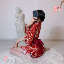 Load image into Gallery viewer, Japanese Kimono Bathrobe Cosplay Uniform Printed Sexy Lingerie Deep V Erotic Night Bath Robe Cardigan Role Play Net 3Pcs Set