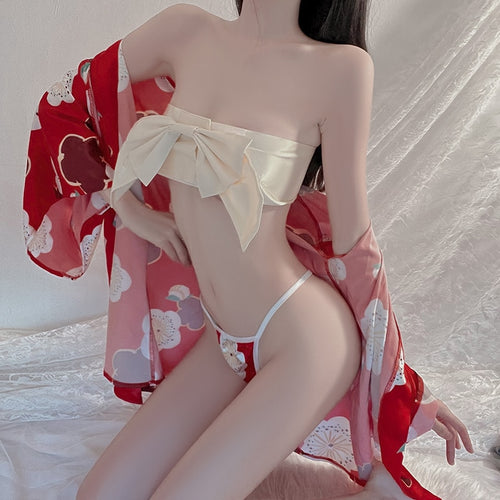 Japanese Kimono Bow Bathrobe Sexy Lingerie Female Temptation Hot Erotic Anime Uniform Halloween Outfits for Women