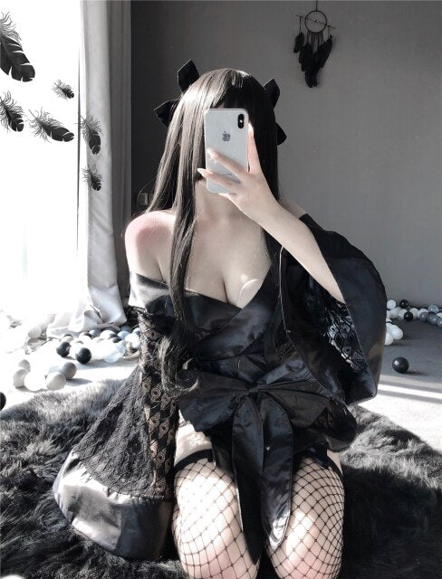 Japanese Kimono Sexy Bathrobe Harajuku Gothic Dark Black Sleepwear Lingerie Soft Girl Perspective Yukata Uniform Pajama Set