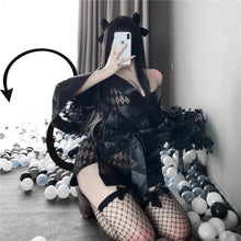 Load image into Gallery viewer, Japanese Kimono Sexy Bathrobe Harajuku Gothic Dark Black Sleepwear Lingerie Soft Girl Perspective Yukata Uniform Pajama Set