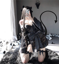 Load image into Gallery viewer, Japanese Kimono Sexy Bathrobe Harajuku Gothic Dark Black Sleepwear Lingerie Soft Girl Perspective Yukata Uniform Pajama Set