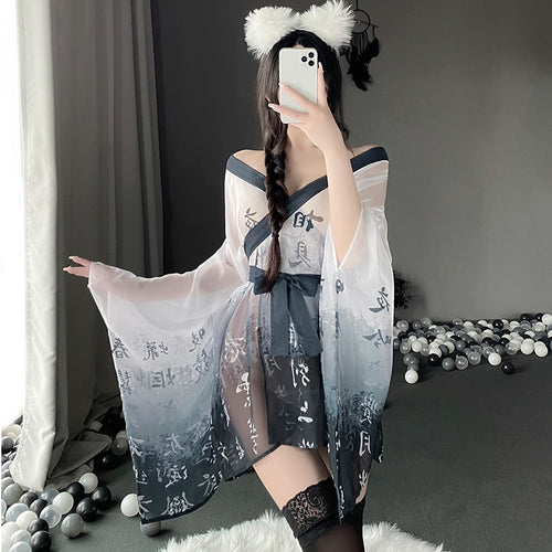 Japanese Kimono Women Sexy Lingerie See Through Mesh Nightgown Bathrobe Pajama Temptation Nightwear Robes cosplay sexy costume