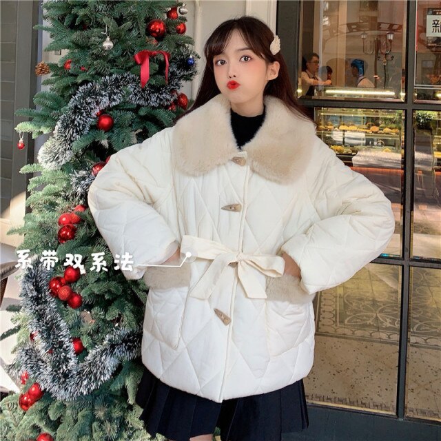 Japanese Korean Cute Lolita Jackets Women Winter Tea Party Horn Button Coat Female Kawaii Rabbit Fur Collar Lololita Coat Parkas