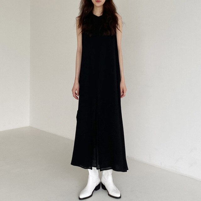 Japanese Mori Girl Style Sleeveless Maxi Solid Color Dress Women's Split Soft Cotton Tank T-shirt Sundress