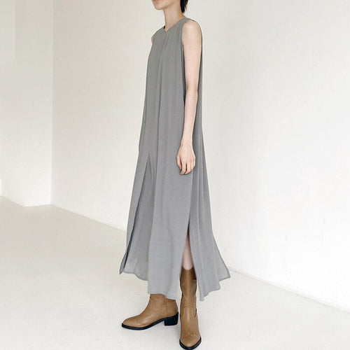 Japanese Mori Girl Style Sleeveless Maxi Solid Color Dress Women's Split Soft Cotton Tank T-shirt Sundress