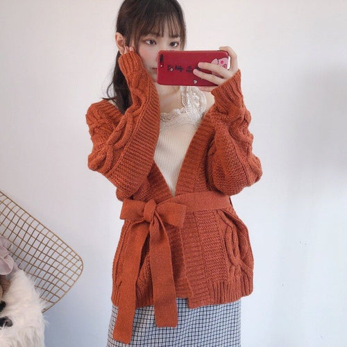 Japanese New Autumn Winter Knit Cardigans Women Solid Color Simple All Match Elegant Sweater Coat Lace-up Slim Waist Pull Femme