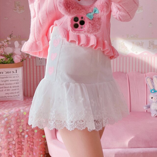 Japanese Sweet Cute Bow Skirts White Women 2022 Spring Voile Lace Skirt High Waist Mini Jupe Schoolgirl Lolita Kawaii Clothes