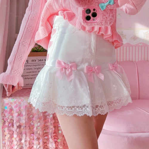 Japanese Sweet Cute Bow Skirts White Women 2022 Spring Voile Lace Skirt High Waist Mini Jupe Schoolgirl Lolita Kawaii Clothes