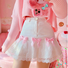 Load image into Gallery viewer, Japanese Sweet Cute Bow Skirts White Women 2022 Spring Voile Lace Skirt High Waist Mini Jupe Schoolgirl Lolita Kawaii Clothes