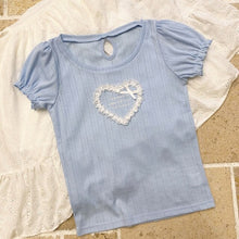 Load image into Gallery viewer, Japanese Sweet Cute Heart T-shirts for Women Simple O-neck Kawaii Bow Tops Summer Letter Puff Short Sleeve Tees Femme 2022