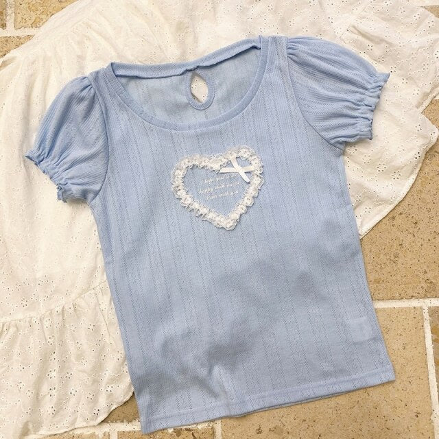 Japanese Sweet Cute Heart T-shirts for Women Simple O-neck Kawaii Bow Tops Summer Letter Puff Short Sleeve Tees Femme 2022
