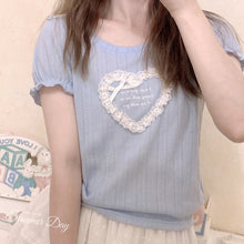 Load image into Gallery viewer, Japanese Sweet Cute Heart T-shirts for Women Simple O-neck Kawaii Bow Tops Summer Letter Puff Short Sleeve Tees Femme 2022
