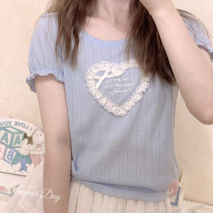 Japanese Sweet Cute Heart T-shirts for Women Simple O-neck Kawaii Bow Tops Summer Letter Puff Short Sleeve Tees Femme 2022