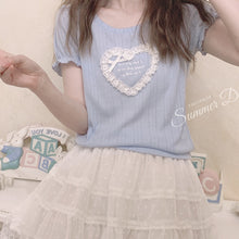 Load image into Gallery viewer, Japanese Sweet Cute Heart T-shirts for Women Simple O-neck Kawaii Bow Tops Summer Letter Puff Short Sleeve Tees Femme 2022
