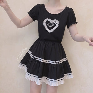 Japanese Sweet Cute Heart T-shirts for Women Simple O-neck Kawaii Bow Tops Summer Letter Puff Short Sleeve Tees Femme 2022