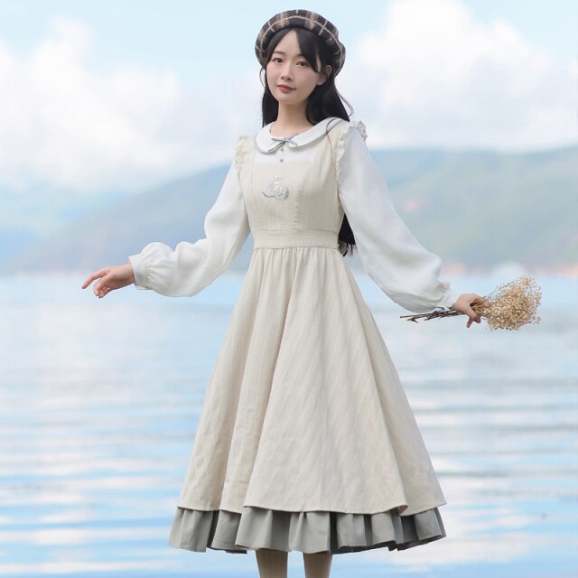Japanese Sweet Cute Kawaii Dress Women Lolita Vestido Autumn Doll Collar Embroidery Princess Dress Lovely Vestidos de Fiesta