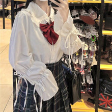 Load image into Gallery viewer, Japanese Sweet Fungus Edge Shirts Mori Girls 2022 Vinatge Flare Sleeve Kawaii Tops Bandage Designed Cute Kawaii Blouses