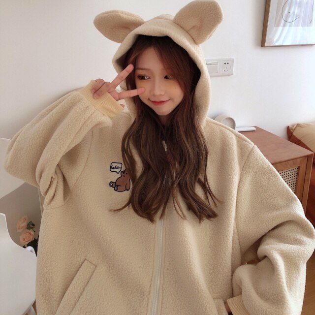 Japanese Sweet Kawaii Zipper Coat Winter Hooded Harajuku Fleece Flannel Pullover Korean College Style Bear Print Hoodies Jackets