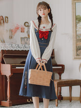 Load image into Gallery viewer, Japanese Sweet Lovely Two Piece Set Women Fall Navy Collar Embroidery Cute Shirt+Strap Dress Femme College Style Jk Uniform Suit