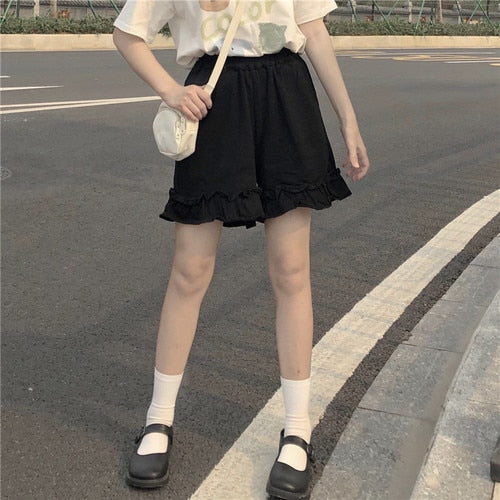 Japanese Sweet Ruffles Pants Cute Mori Girl Solid All Match Wide Leg Kawaii Trousers Women Simple Casual Loose Pantalones