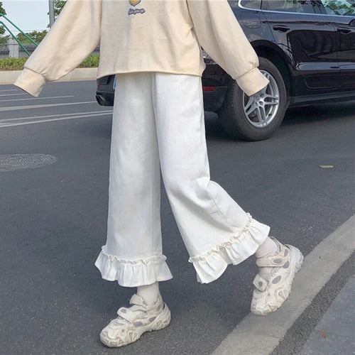 Japanese Sweet Ruffles Pants Cute Mori Girl Solid All Match Wide Leg Kawaii Trousers Women Simple Casual Loose Pantalones