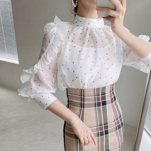 Japanese Sweet Ruffles Sleeve Woman Shirts Elegant Office Lady Autumn 2021 New Women Blouse Stand Collar Loose Moda Blusas Mujer
