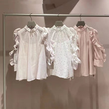 Load image into Gallery viewer, Japanese Sweet Ruffles Sleeve Woman Shirts Elegant Office Lady Autumn 2021 New Women Blouse Stand Collar Loose Moda Blusas Mujer