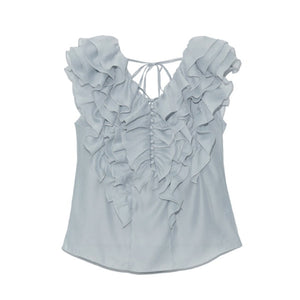 Japanese Sweet Ruffles Solid Chiffon Blouse Woman V-neck Backless Lace-up Woman Shirts 2021 Summer Chic Pullover Blusas Mujer