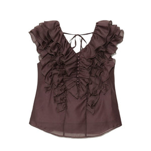 Japanese Sweet Ruffles Solid Chiffon Blouse Woman V-neck Backless Lace-up Woman Shirts 2021 Summer Chic Pullover Blusas Mujer