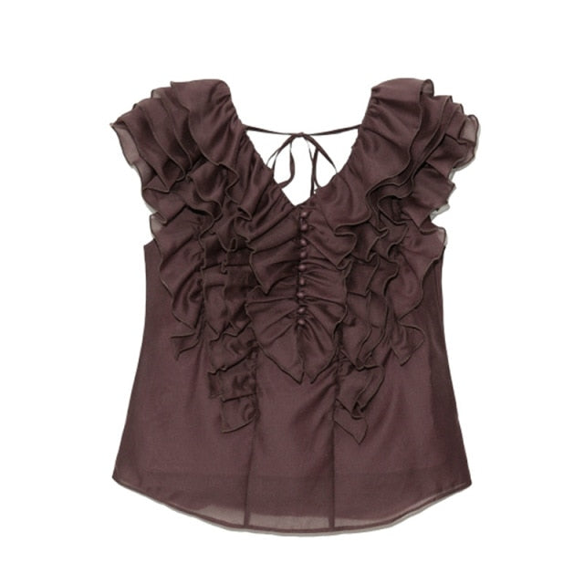 Japanese Sweet Ruffles Solid Chiffon Blouse Woman V-neck Backless Lace-up Woman Shirts 2021 Summer Chic Pullover Blusas Mujer