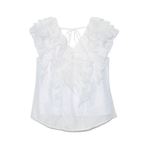 Japanese Sweet Ruffles Solid Chiffon Blouse Woman V-neck Backless Lace-up Woman Shirts 2021 Summer Chic Pullover Blusas Mujer