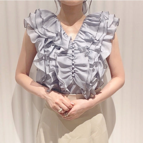 Japanese Sweet Ruffles Solid Chiffon Blouse Woman V-neck Backless Lace-up Woman Shirts 2021 Summer Chic Pullover Blusas Mujer