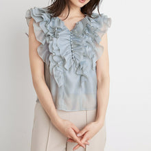 Load image into Gallery viewer, Japanese Sweet Ruffles Solid Chiffon Blouse Woman V-neck Backless Lace-up Woman Shirts 2021 Summer Chic Pullover Blusas Mujer