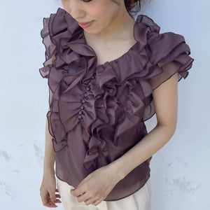 Japanese Sweet Ruffles Solid Chiffon Blouse Woman V-neck Backless Lace-up Woman Shirts 2021 Summer Chic Pullover Blusas Mujer
